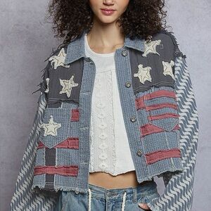 POL NWT Jacket Denim Stars & Stripes Design Fits Small - Large